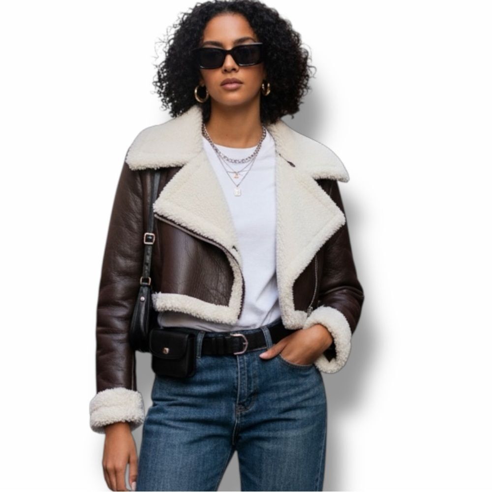 Sherpa Brown Faux Leather Bomber Jacket M  NWT